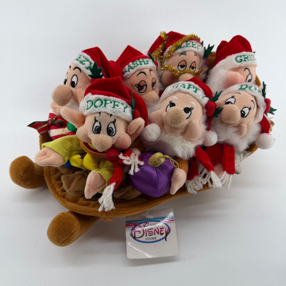 Vintage Disney Store Seven Dwarfs Holiday Plush Sleigh Set Snow White Christmas